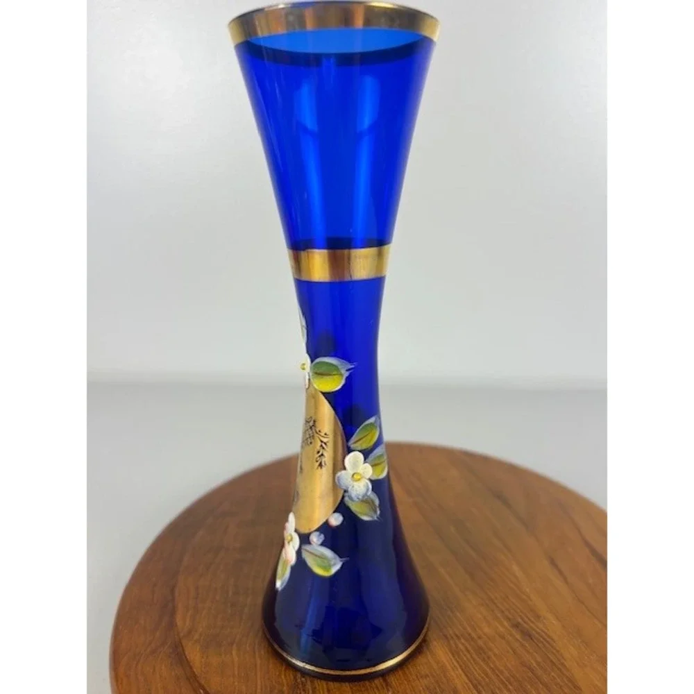 Vintage Cobalt Blue Bohemian Czech Hand Painted Bud Vase  Gold Trimmed ‎ Decor